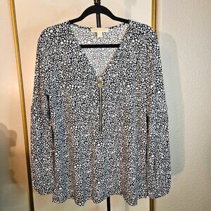 Michael Kors Women's Long Sleeve Black and White Floral Blouse with Zipper/LOGO